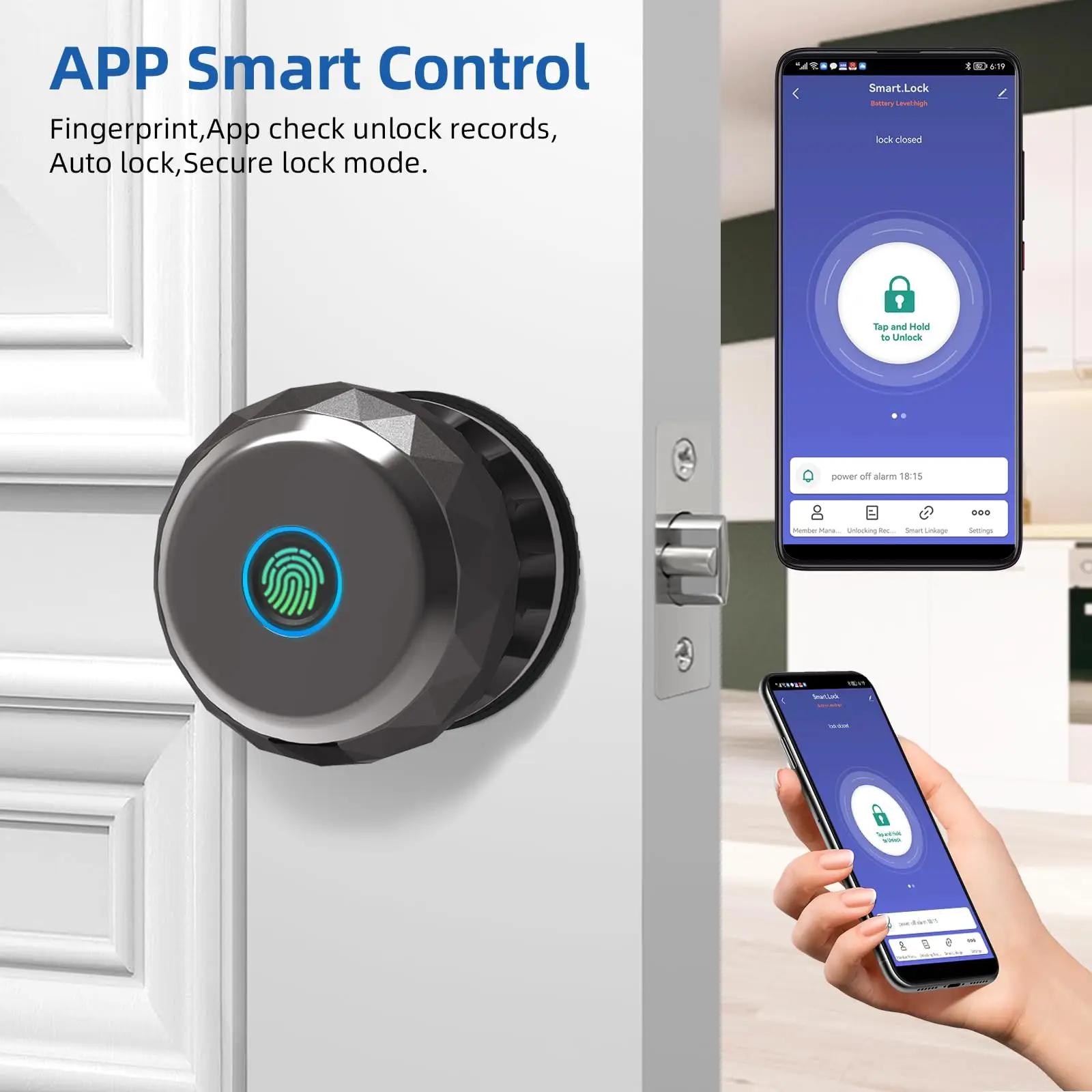 Fingerprint Door Locks Smart Biometric Door Lock, Rechargeable Smart Door knob with App Control Tuya APP, Secure Lock Mode